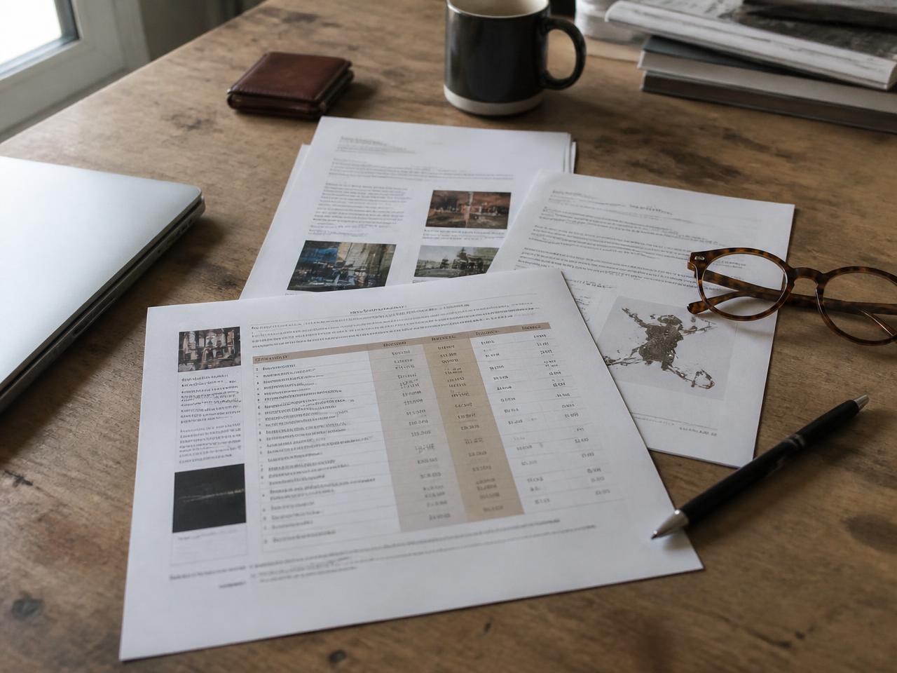 A freelancer's desk with printed proposal pages, a pen and reading glasses