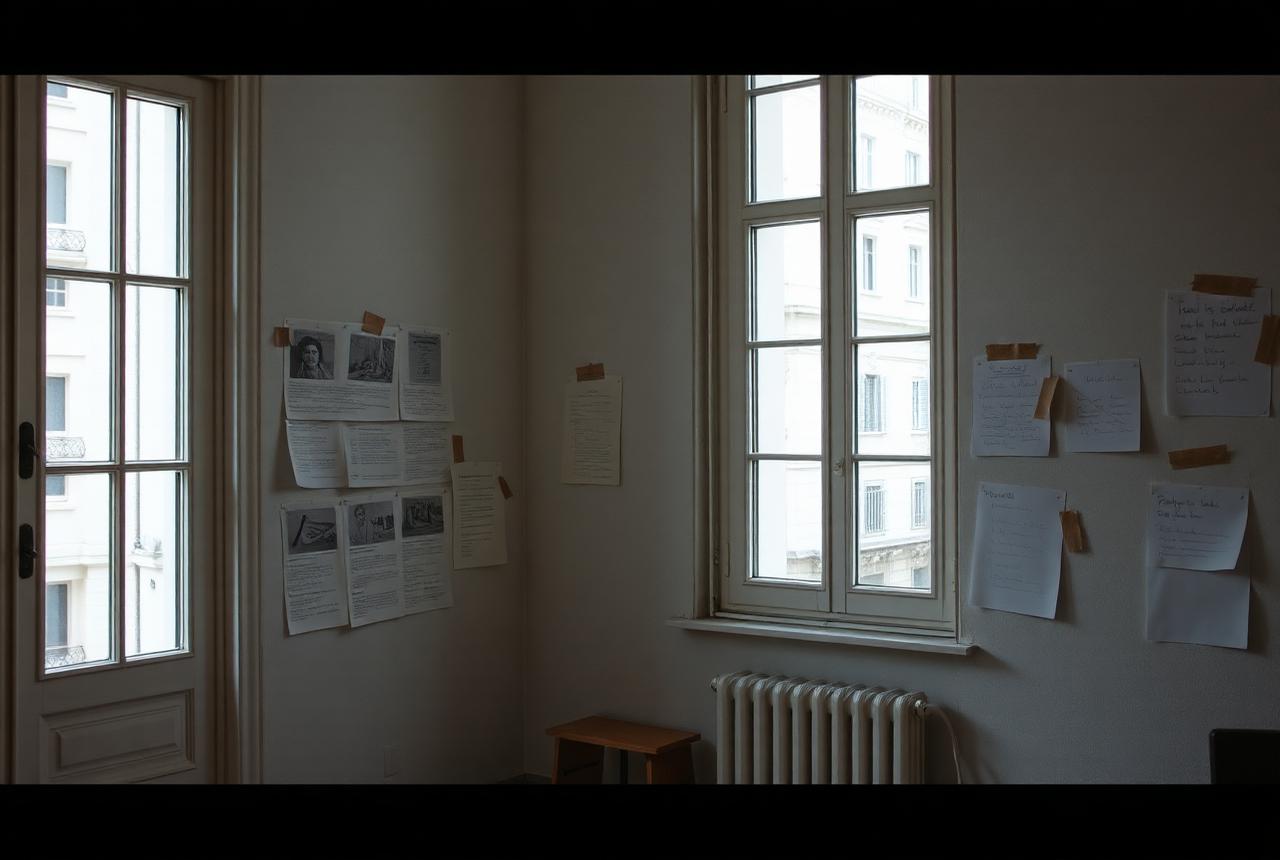 A studio wall pinned with printed proposal pages
